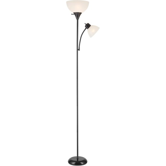 Globe Electric 67135 72" Torchiere Floor Lamp and Adjustable Reading Light, Matte Black, Frosted Shade, Dual Rotary Switch, 3-Step Dimming, Modern Lighting for Living Room or Office