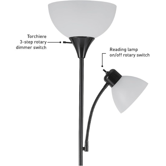 Globe Electric 67135 72" Torchiere Floor Lamp and Adjustable Reading Light, Matte Black, Frosted Shade, Dual Rotary Switch, 3-Step Dimming, Modern Lighting for Living Room or Office