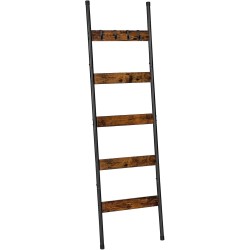 HOOBRO Blanket Ladder, 5-Tier Towel Rack with Hooks, Wall-Leaning Blanket Rack, Decorative Display Ladder Shelf, for Scarves, Industrial, Living Room, Bedroom, Rustic Brown and Black BF52CJ01