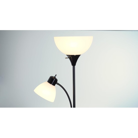 Globe Electric 67135 72" Torchiere Floor Lamp and Adjustable Reading Light, Matte Black, Frosted Shade, Dual Rotary Switch, 3-Step Dimming, Modern Lighting for Living Room or Office