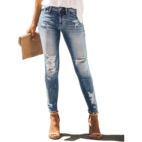 Allimy Women's High Rise Skinny Stretch Ripped Jeans High Waisted Destroyed Denim Pants