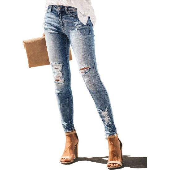 Allimy Women's High Rise Skinny Stretch Ripped Jeans High Waisted Destroyed Denim Pants