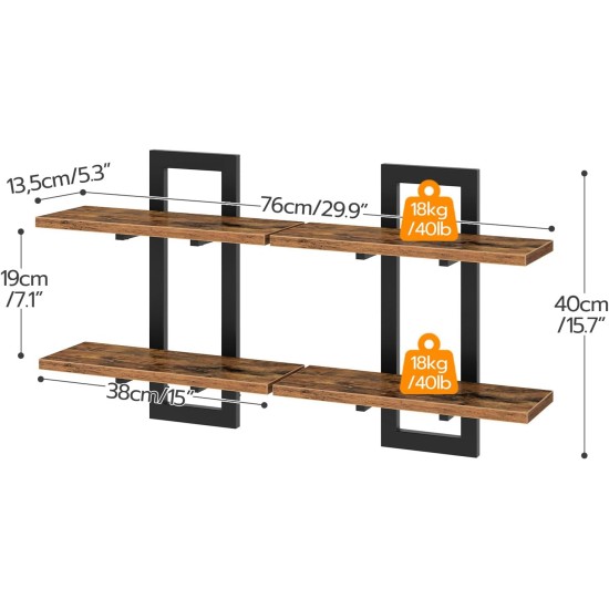 HOOBRO Floating Shelves, 15 Inch Wall Shelf Set of 2, Wall Mounted Storage Shelves 2-Tier, Hanging Bathroom Shelves, for Living Room, Bedroom, Bathroom, Kitchen, Rustic Brown and Black BF32BJ01G1