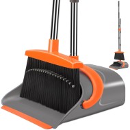Broom and Dustpan Set for Home, Broom and Dustpan Combo for Office, Long Handle Broom with Upright Standing Dust pan,Indoor&Outdoor Sweeping (Gray&Orange)