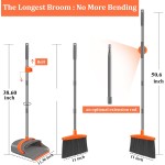 Broom and Dustpan Set for Home, Broom and Dustpan Combo for Office, Long Handle Broom with Upright Standing Dust pan,Indoor&Outdoor Sweeping (Gray&Orange)