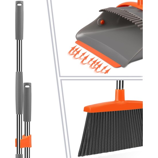 Broom and Dustpan Set for Home, Broom and Dustpan Combo for Office, Long Handle Broom with Upright Standing Dust pan,Indoor&Outdoor Sweeping (Gray&Orange)