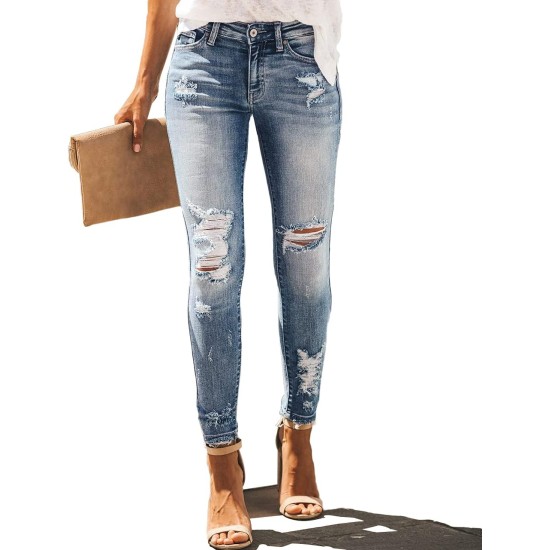 Allimy Women's High Rise Skinny Stretch Ripped Jeans High Waisted Destroyed Denim Pants
