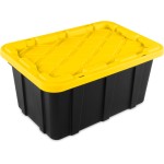 Sterilite 17 Gal Industrial Tote, Stackable Storage Bin with Snap-Fit Lid for Garage, Basement & Attic Storage, Black Base and Yellow Lily Lid, 6-Pack