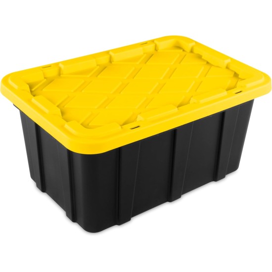 Sterilite 17 Gal Industrial Tote, Stackable Storage Bin with Snap-Fit Lid for Garage, Basement & Attic Storage, Black Base and Yellow Lily Lid, 6-Pack