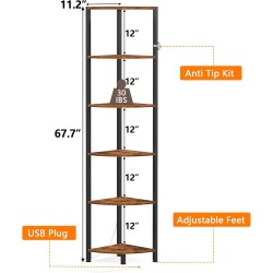 Furnulem 6 Tier Corner Shelf with LED Light, 67.5” Tall Standing Shelf Organizer, Narrow Bookshelf with Storage Rack for Wall Corner, Living Room, Bedroom, Metal Frame, Wood Display Shelf