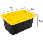 Sterilite 17 Gal Industrial Tote, Stackable Storage Bin with Snap-Fit Lid for Garage, Basement & Attic Storage, Black Base and Yellow Lily Lid, 6-Pack