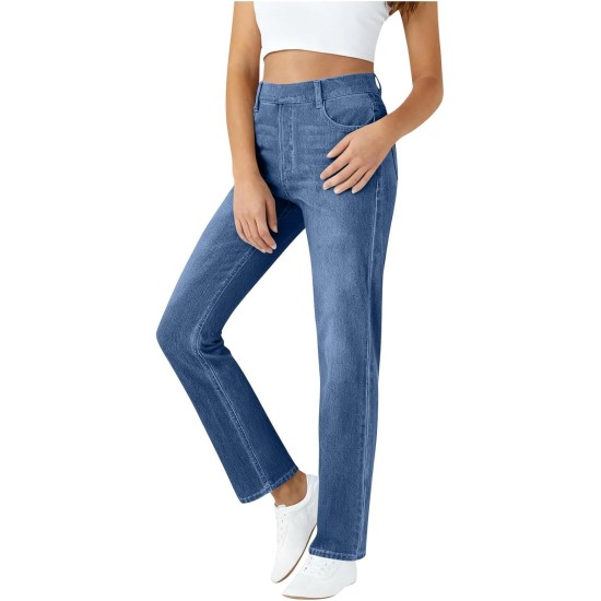 Jeans for Women Stretchy High Waist Tummy Control Fake Denim Pants Elastic Waisted Slim Fit Straight Leg Casual Work Trousers