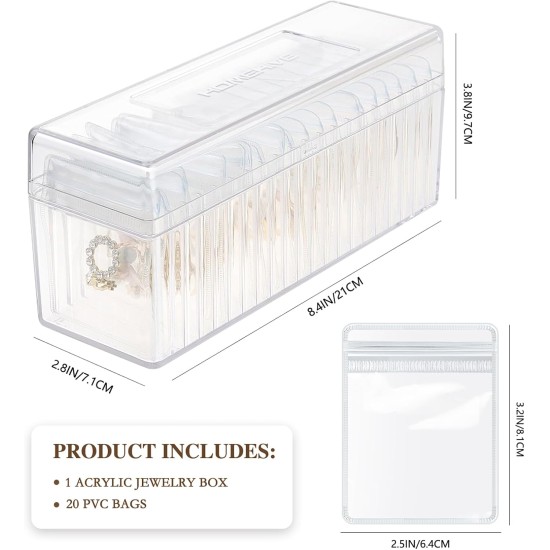 Acrylic Jewelry Box Organizer, Clear Jewelry Organizer and Storage with 20 Portable Anti Tarnish Jewelry bags, Travel Jewelry Case for Earrings/Rings/Necklaces Gifts for Women Girls, Clear