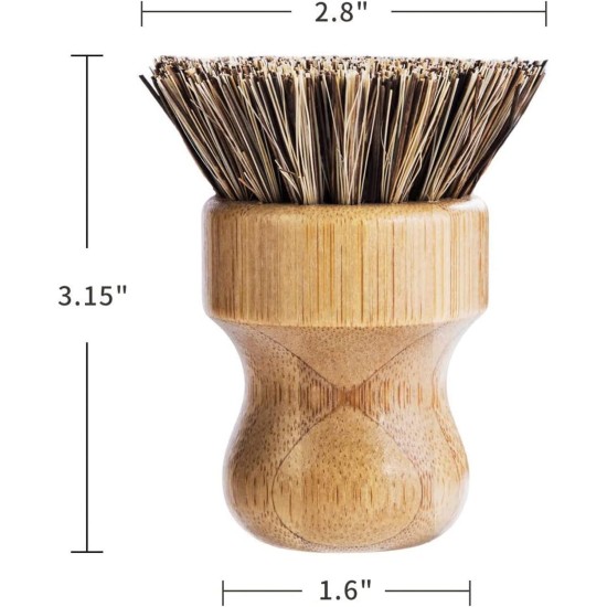 Palm Pot Brush- Bamboo Round 3 Packs Mini Dish Brush Natural Scrub Brush Durable Scrubber Cleaning Kit with Union Fiber and Tampico Fiber for Cleaning Pots, Pans and Vegetables