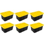Sterilite 17 Gal Industrial Tote, Stackable Storage Bin with Snap-Fit Lid for Garage, Basement & Attic Storage, Black Base and Yellow Lily Lid, 6-Pack
