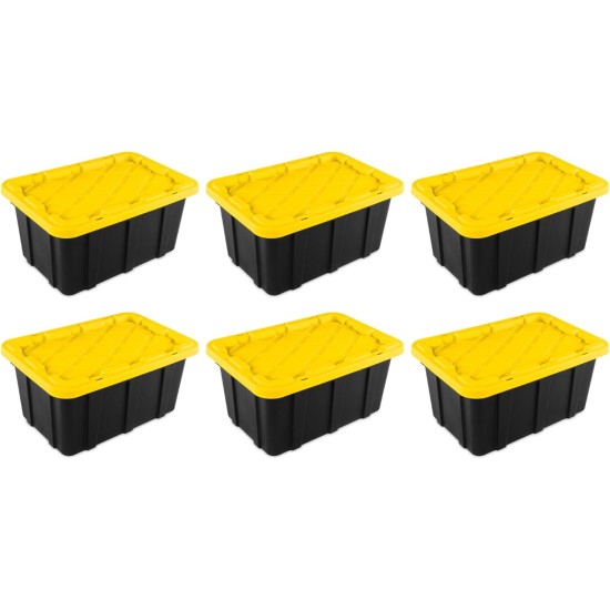 Sterilite 17 Gal Industrial Tote, Stackable Storage Bin with Snap-Fit Lid for Garage, Basement & Attic Storage, Black Base and Yellow Lily Lid, 6-Pack