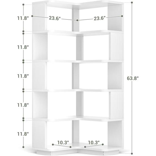 Armocity Corner Book Shelf - 6-Shelf Corner Bookshelf Etagere Bookcase with Baffle, Freestanding L Shaped Display Shelf Stand for Home Office, Living Room, Bedroom, Kitchen, White