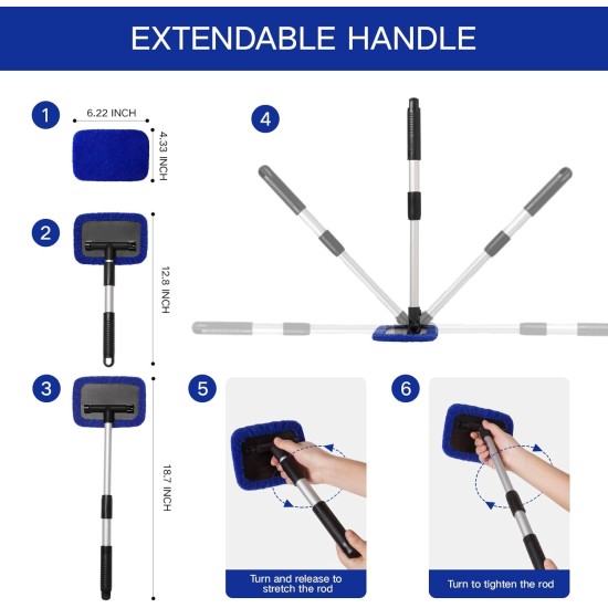 11pcs Windshield Cleaner Tool, Car Window Cleaning Wash Kit with 6 Reusable Microfiber Pads 2 Spray Bottles and Extendable Handles Auto Glass Wiper Kit, Blue