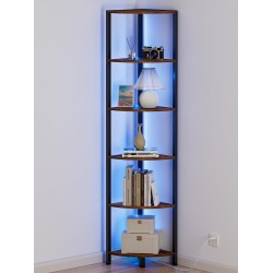 Furnulem 6 Tier Corner Shelf with LED Light, 67.5” Tall Standing Shelf Organizer, Narrow Bookshelf with Storage Rack for Wall Corner, Living Room, Bedroom, Metal Frame, Wood Display Shelf