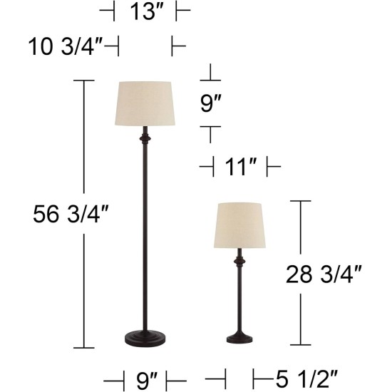 360 Lighting Carter Traditional Table 3 Piece Floor and Table Lamp Set Bronze Metal Oatmeal Drum Shade Decor for Living Room Bedroom House Bedside Nightstand Home Office Reading Family