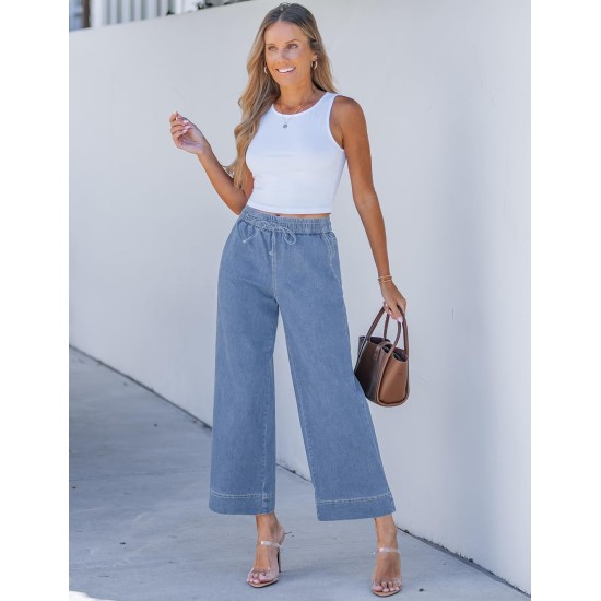 luvamia Wide Leg Jeans for Women High Waisted Cropped Pull On Jeans Elastic Wasit Drawstring Stretch Denim Trouser Pants