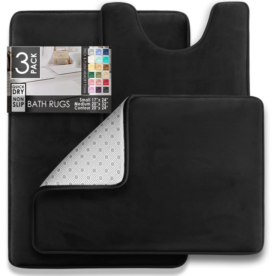 Clara Clark 3 Piece Bathroom Rugs Bath Mat Set, Velvet Memory Foam Bath Mats for Bathroom - Non-Slip, PVC Backing Bath Rugs, Washable - Dries Quickly, Black