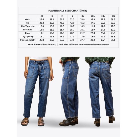 Flamingals Women's Mid Waist Straight Leg Jeans Drawstring Cropped Jeans Women Stretchy
