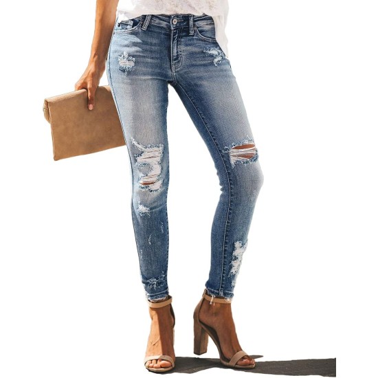 Allimy Women's High Rise Skinny Stretch Ripped Jeans High Waisted Destroyed Denim Pants