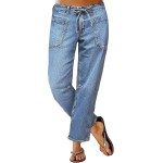 Flamingals Women's Mid Waist Straight Leg Jeans Drawstring Cropped Jeans Women Stretchy