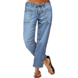 Flamingals Women's Mid Waist Straight Leg Jeans Drawstring Cropped Jeans Women Stretchy