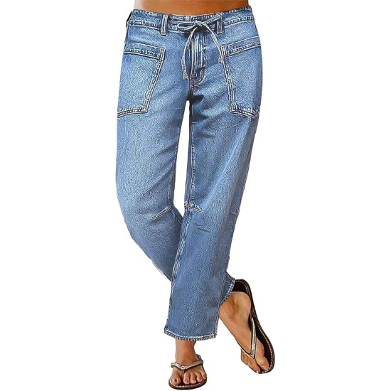 Flamingals Women's Mid Waist Straight Leg Jeans Drawstring Cropped Jeans Women Stretchy