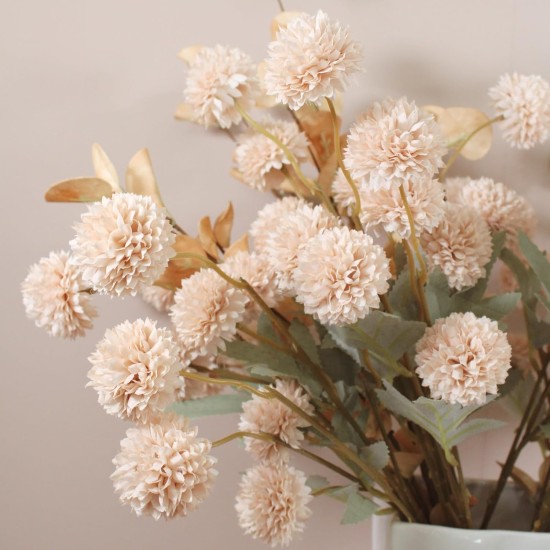 Artificial Flowers for Vase - Beige Silk Mums 10 Long Stems with Eucalyptus, Faux Flowers Home Decor, Neutral Tan Cream Floral Arrangement, Fake Chrysanthemum Pom Pom Stems, Spring Fall Centerpiece