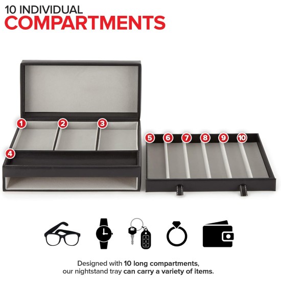 Stock Your Home Mens Valet Tray, Men's Jewelry Box, Night Stand Organizers and Storage, Bedside Table Organizer, Watch Box for Dresser, Faux Leather (Black & Gray)