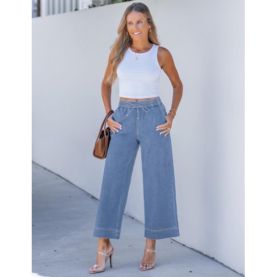 luvamia Wide Leg Jeans for Women High Waisted Cropped Pull On Jeans Elastic Wasit Drawstring Stretch Denim Trouser Pants