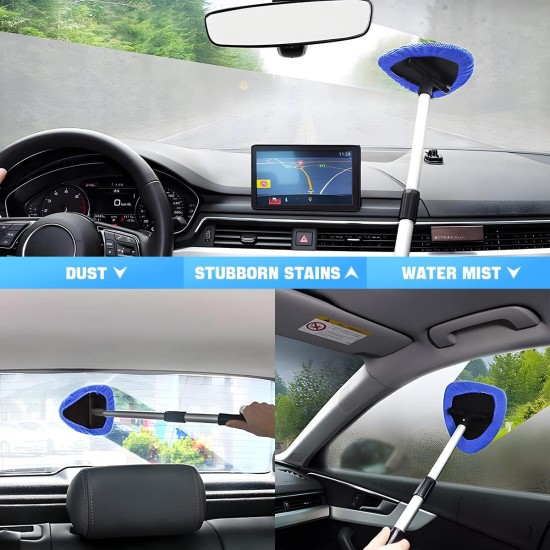 Windshield Cleaning Tool, Car Window Cleaner with Extendable Long Handle and 4 Washable Reusable Microfiber Pads, Auto Interior Exterior Glass Wiper Cleaning Kit Universal for Office and Home (Blue)