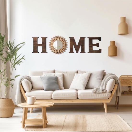 CHIF HAUTH Wood Home Sign with Sunflower Shaped Wood Mirror for O, Thick Letters for Wall Art, Rustic Decor, Farmhouse Home Wall Decor for Living Room, Entryway