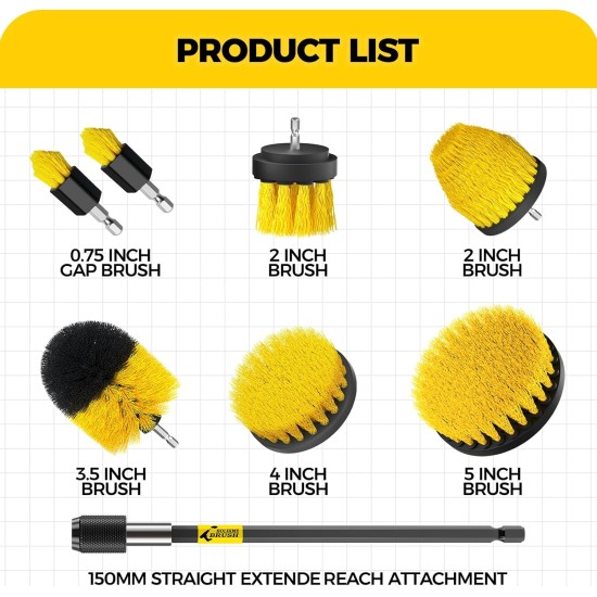 Holikme 8 Piece Drill Brush Attachments Set, Power Scrubber with Extend Long Attachment,Cleaning Supplies for Bathtub, Shower, Grout, Tile(Yellow) Holikme 8 Piece Drill Brush Attachments Set, Power Scrubber with Extend Long Attachment,Cleaning Supplies for Bathtub, Shower, Grout, Tile(Yellow)