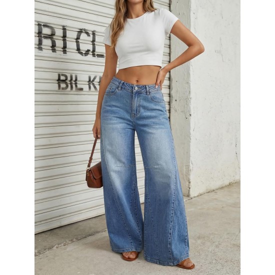Trendy Queen Women's High Waisted Wide Leg Barrel Jeans Stretch Baggy Flare Denim Pants