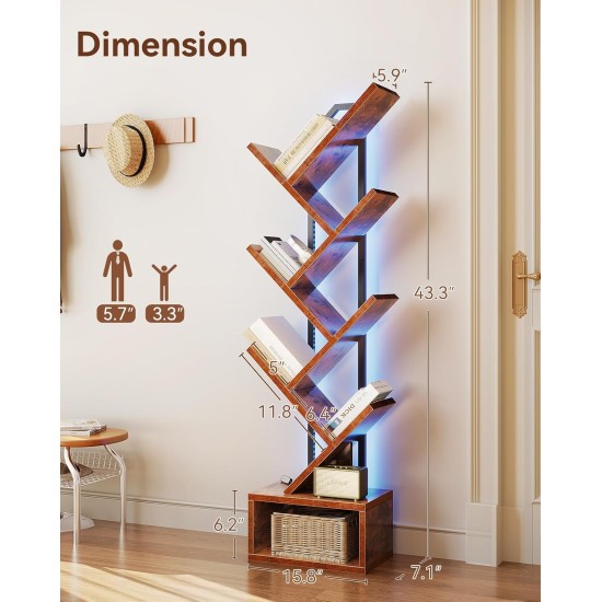 Casaottima Tree Bookshelf with LED Lights, 6-Tier Narrow Bookcase for Small Spaces, Tall Steel & Wood Storage Shelf with Cabinet, Home Decor & Organizer for Living Room/Bedroom/Home Office, Vintage