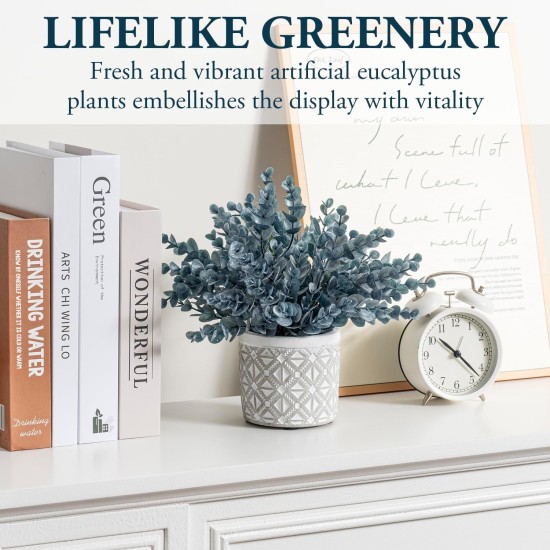 MyGift Artificial Eucalyptus Plant in Modern Gray Concrete Pots with Geometric Embossed Pattern (1, Blue)
