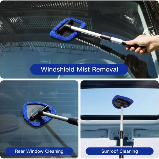 11pcs Windshield Cleaner Tool, Car Window Cleaning Wash Kit with 6 Reusable Microfiber Pads 2 Spray Bottles and Extendable Handles Auto Glass Wiper Kit, Blue