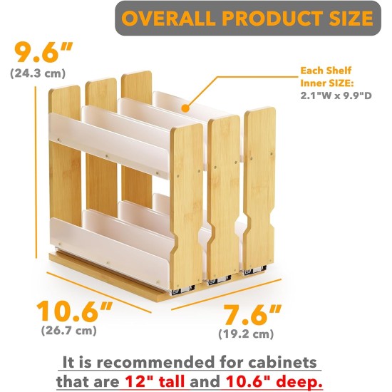 SpaceAid Bamboo Pull Out Spice Rack Organizer for Cabinet, Heavy Duty Slide Out Seasoning Kitchen Pantry Sliding Vertical Organization, 7.6" Wide, 3 Drawers(2" Wide), 2-Tier, Natural