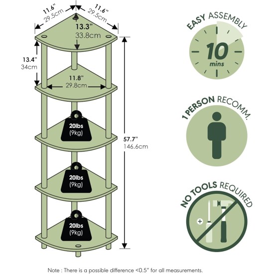 Furinno TURN-N-TUBE Corner Shelf, 5-Tier Corner Bookshelf, Open Storage Shelves, for Organization and Storage, Living Room, Home Office, Garage, Bedroom, Espresso