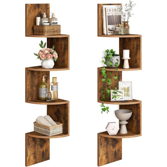 HOOBRO Corner Shelf Wall-Mounted, Set of 2 Floating Corner Shelves for Wall, 4-Tier Corner Bookshelves for Living Room, Bedroom, Bathroom, Home Office, Rustic Brown BF25BJP201