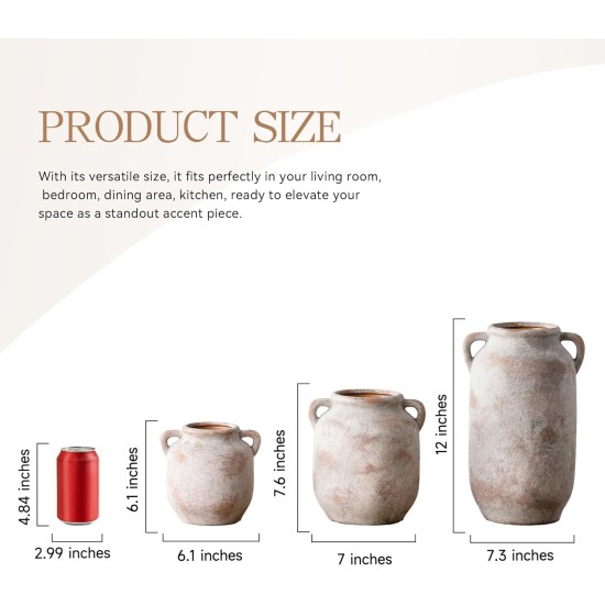 Large Flower Vase Home Decor - 12 inch Tall Ceramic Farmhouse Rustic Table Vases with Handle Living Room Decoration Decorative Modern Vintage for Floor Kitchen Shelf Coffee Dining Desk Fireplace