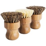 Palm Pot Brush- Bamboo Round 3 Packs Mini Dish Brush Natural Scrub Brush Durable Scrubber Cleaning Kit with Union Fiber and Tampico Fiber for Cleaning Pots, Pans and Vegetables