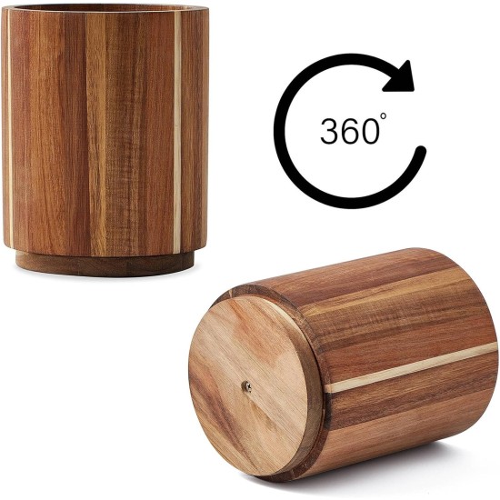 Acacia Wood Utensil Holder for Kitchen Counter, 360° Rotating 7.2" Wooden Cooking Utensil Crock for Countertop, Farmhouse Kitchen Decor