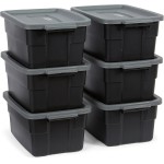 Rubbermaid 6-Pack Heavy Duty Durable 3 GAL Totes for Storage with Snap Lids and Handles, Plastic Storage Bins Stackable Black Gray for Home and Garage (3 GAL - 6 Pack Solid Black and Grey)