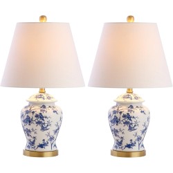 JONATHAN Y 22" Blue/White Ceramic Table Lamp, French Country Chinoiserie Ginger Jar LED Bedside Lamp for Living Room Bedroom, White Linen Shade (JYL3005A-SET2)