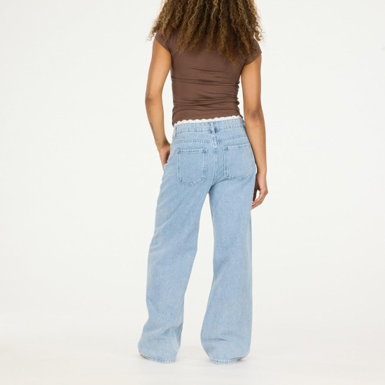 Forever 21 Women's Wide-Leg Jeans - Light Wash Denim with Lace Trim Waistband